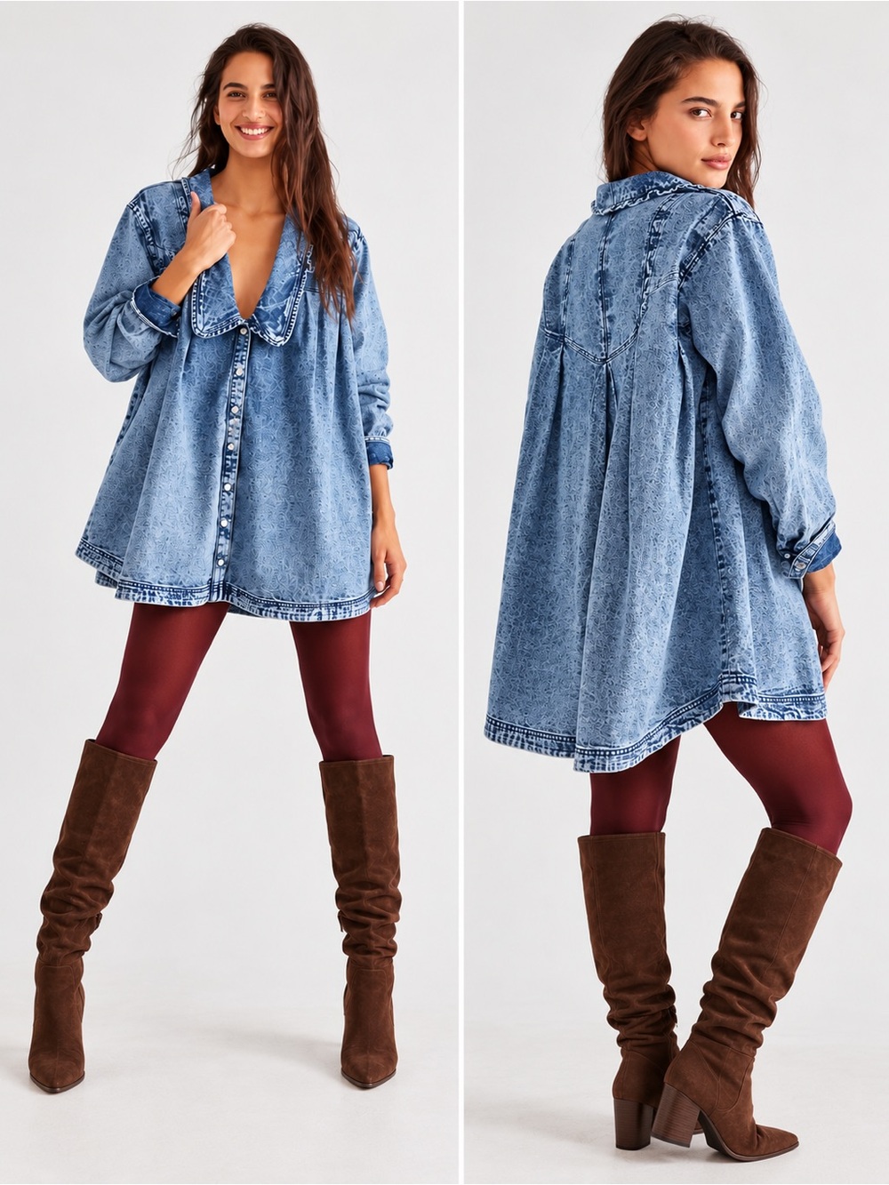 Free People Charlie Ruffle Collar Denim Swing Blouse Size Medium